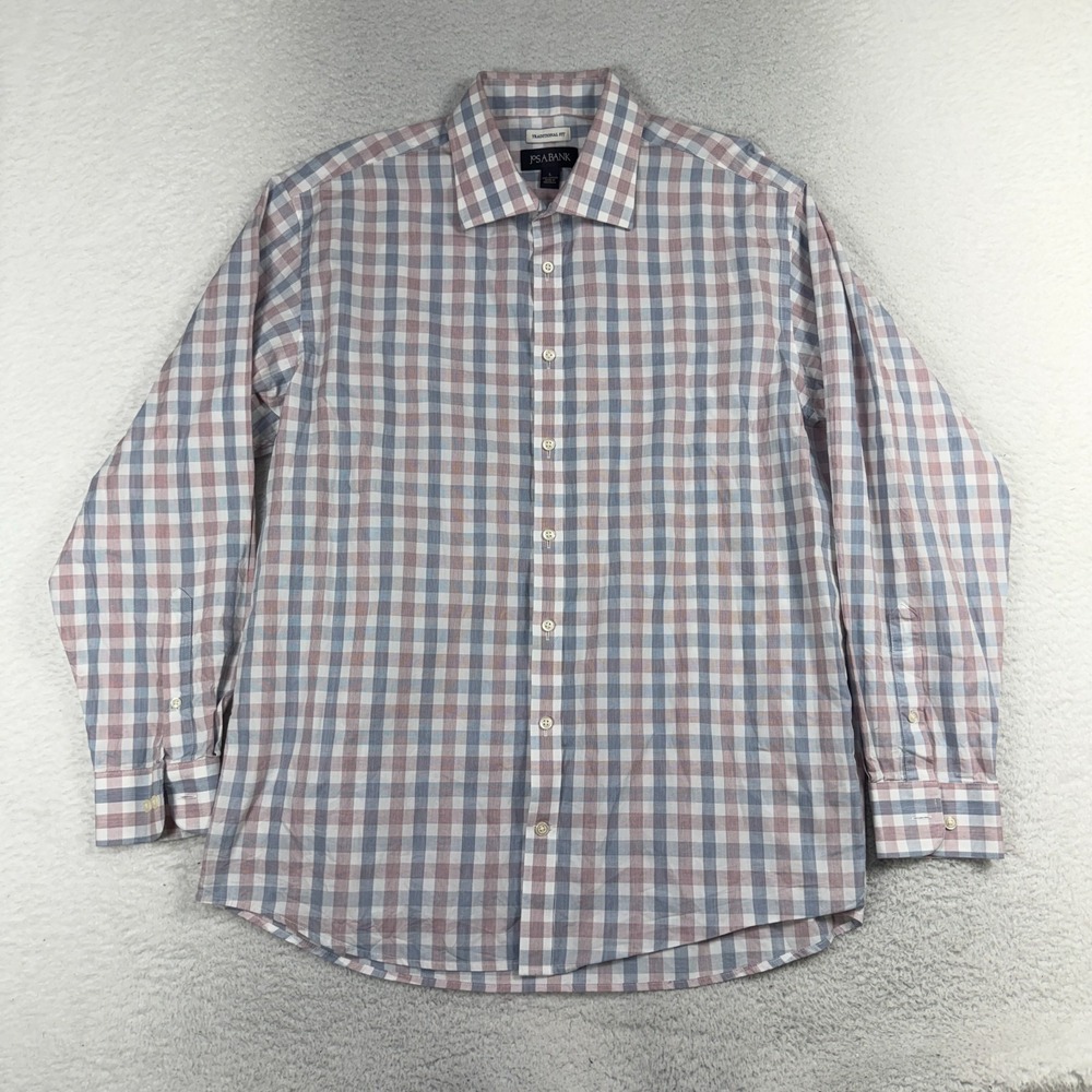 Jos A Bank Dress Shirt Mens L Blue Button Down Plaid Traditional Fit Cotton